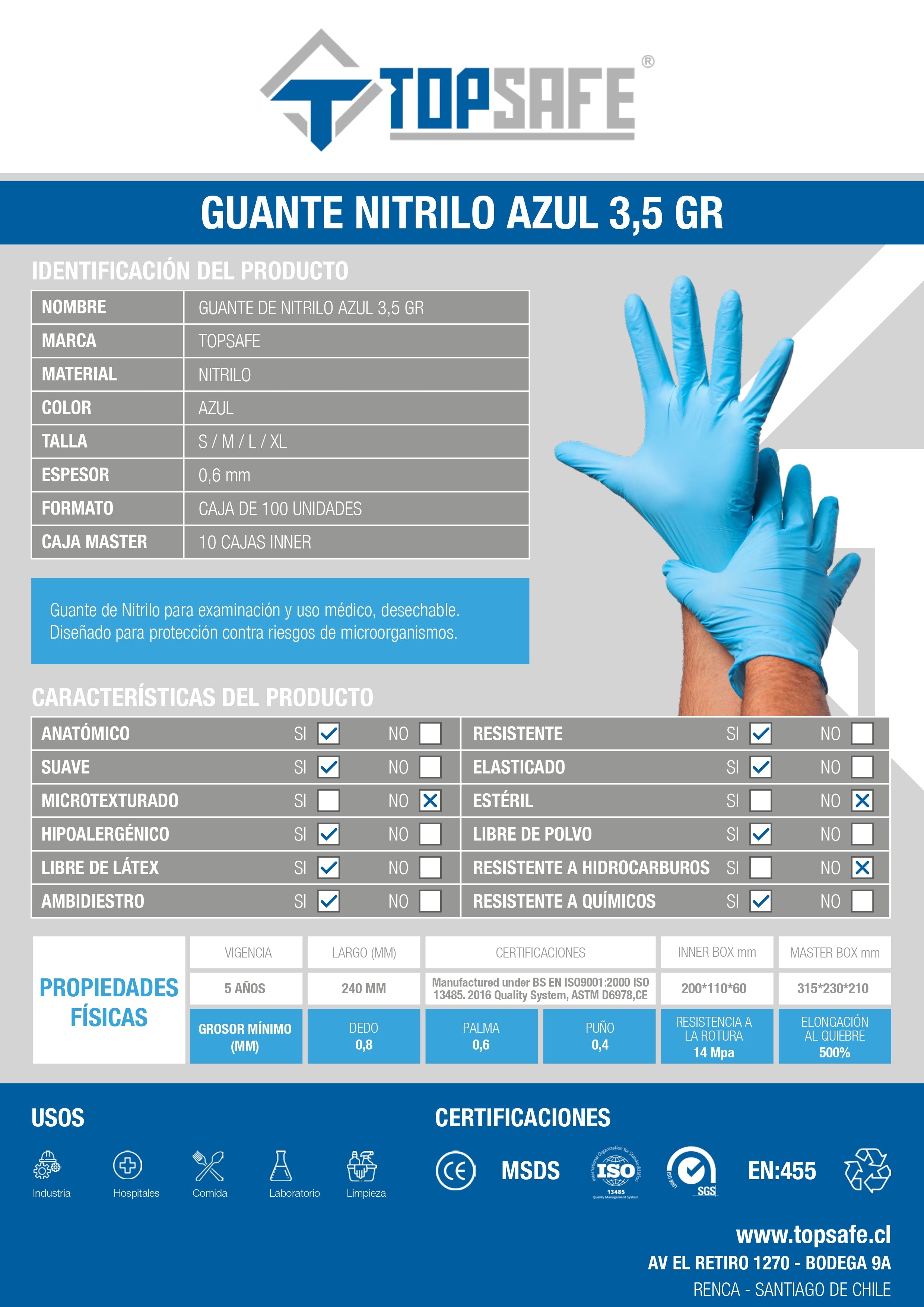 Guante de Nitrilo 3,5 gr Topsafe Azul (100u)