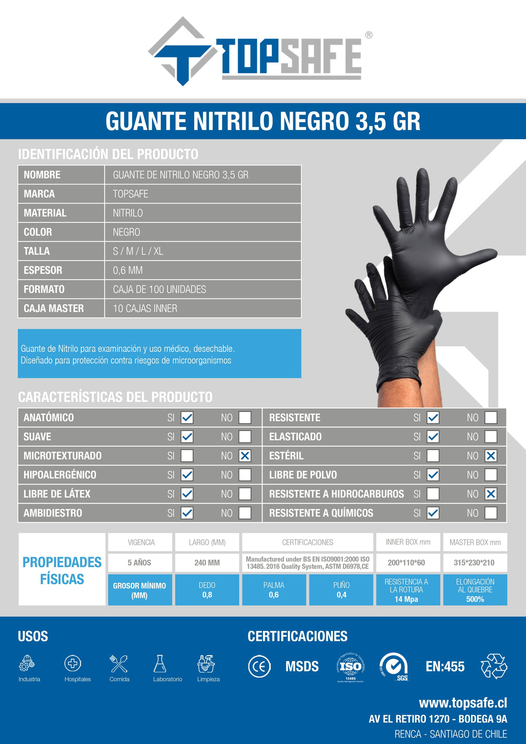 Guante de Nitrilo 3,5 gr Topsafe Negro (100u)