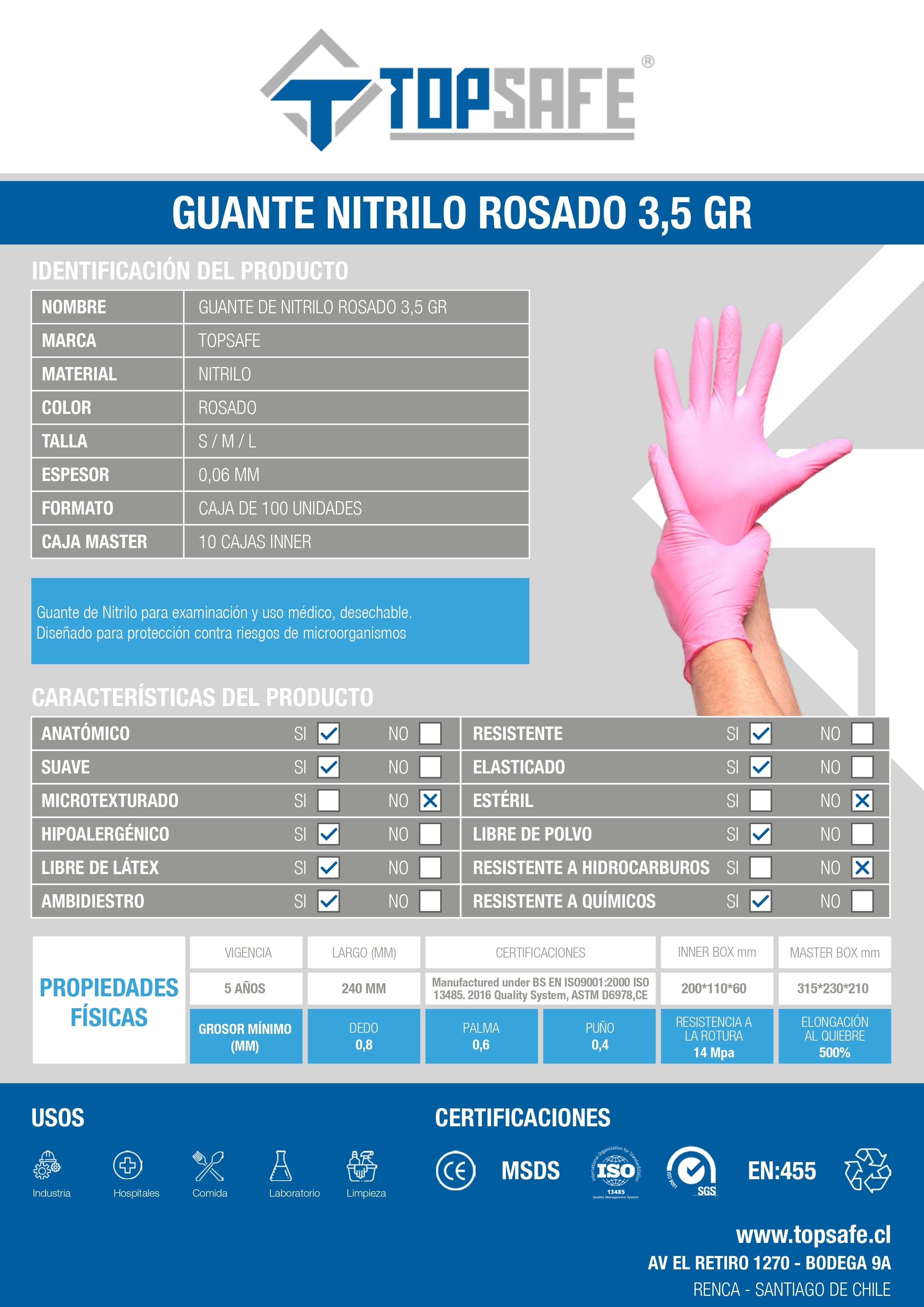 Guante de Nitrilo 3,5 grs Topsafe Rosado (100u)