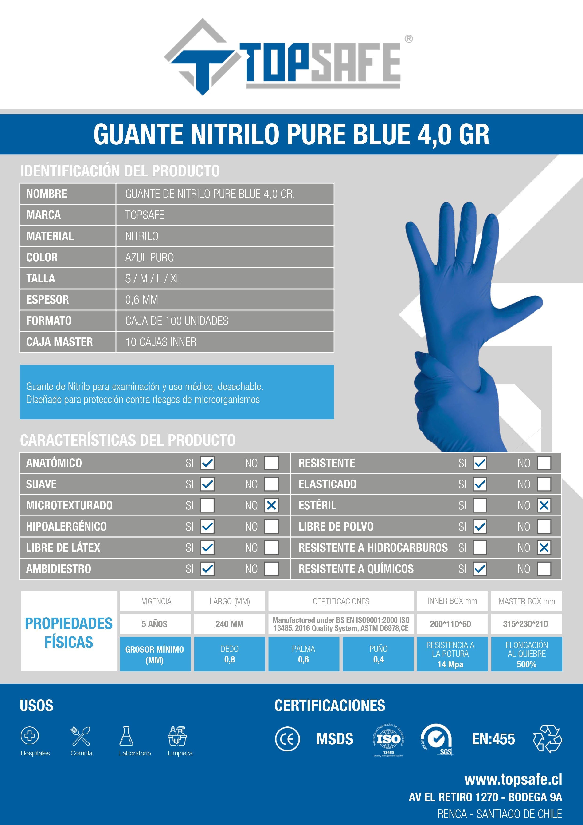 Guante De Nitrilo Topsafe 4.0 Gr. Azul Puro(100 Uds)