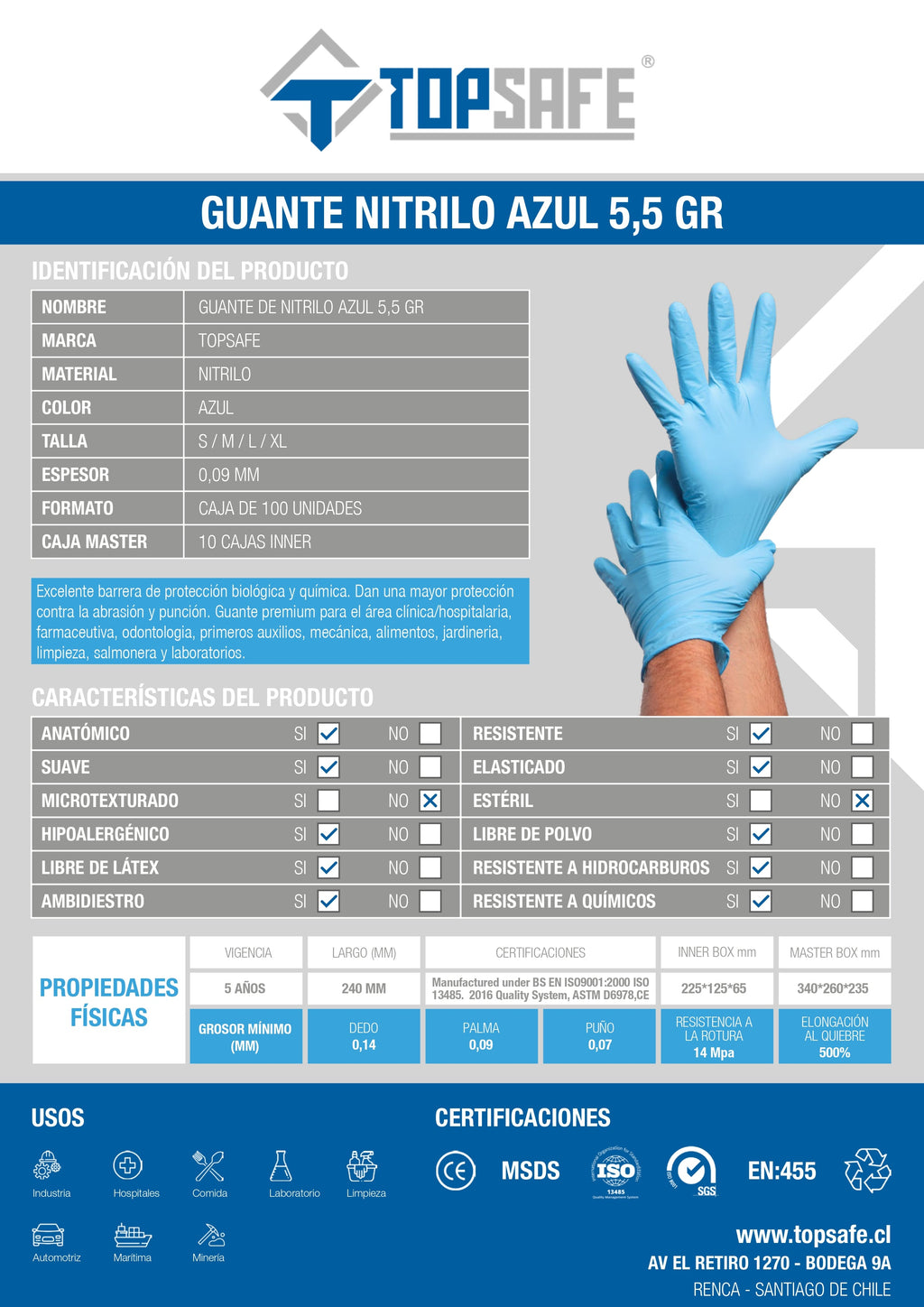 Guante de Nitrilo 5,5 gr Topsafe Azul (100u)