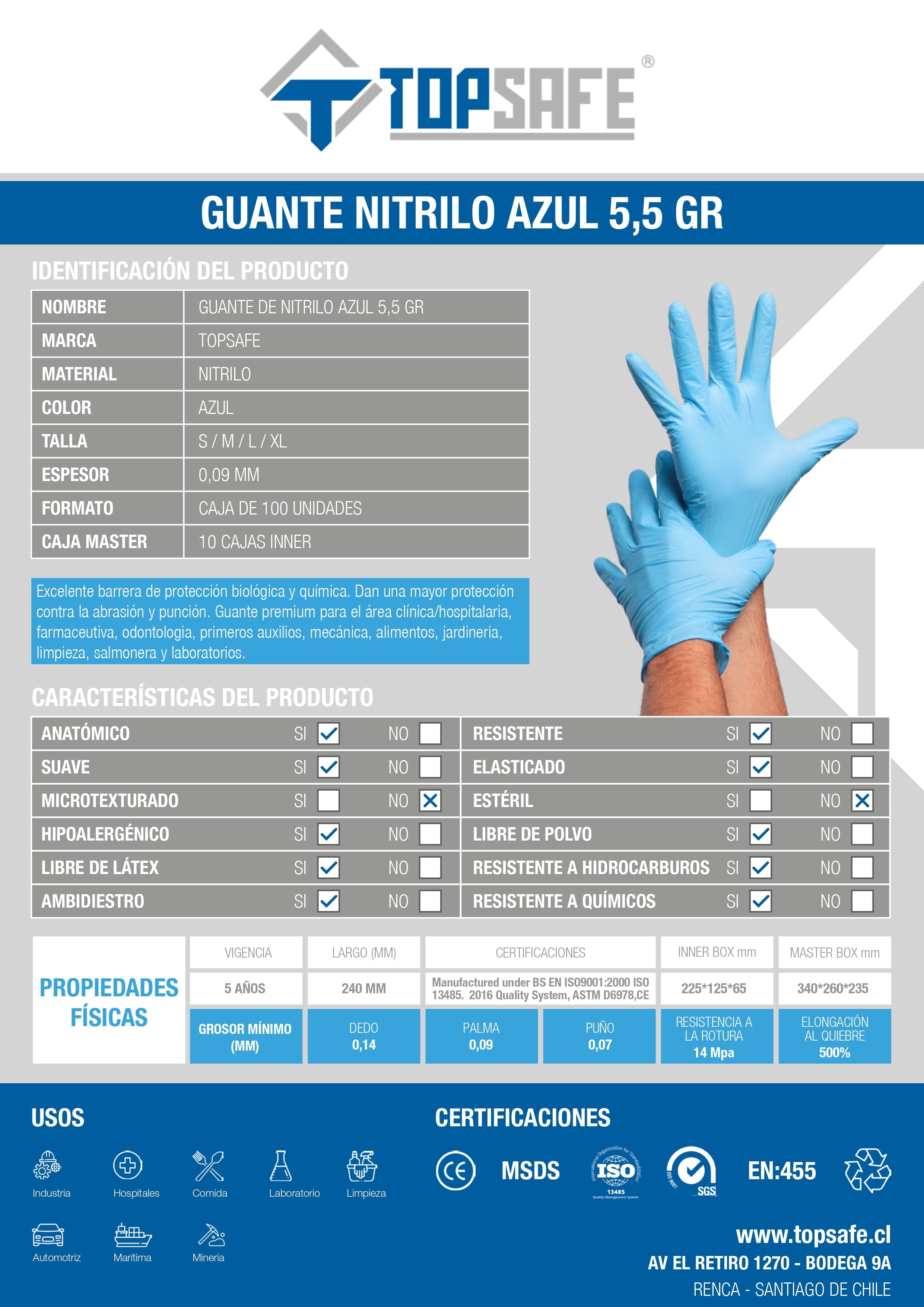 Guante de Nitrilo 5,5 gr Topsafe Azul (100u)