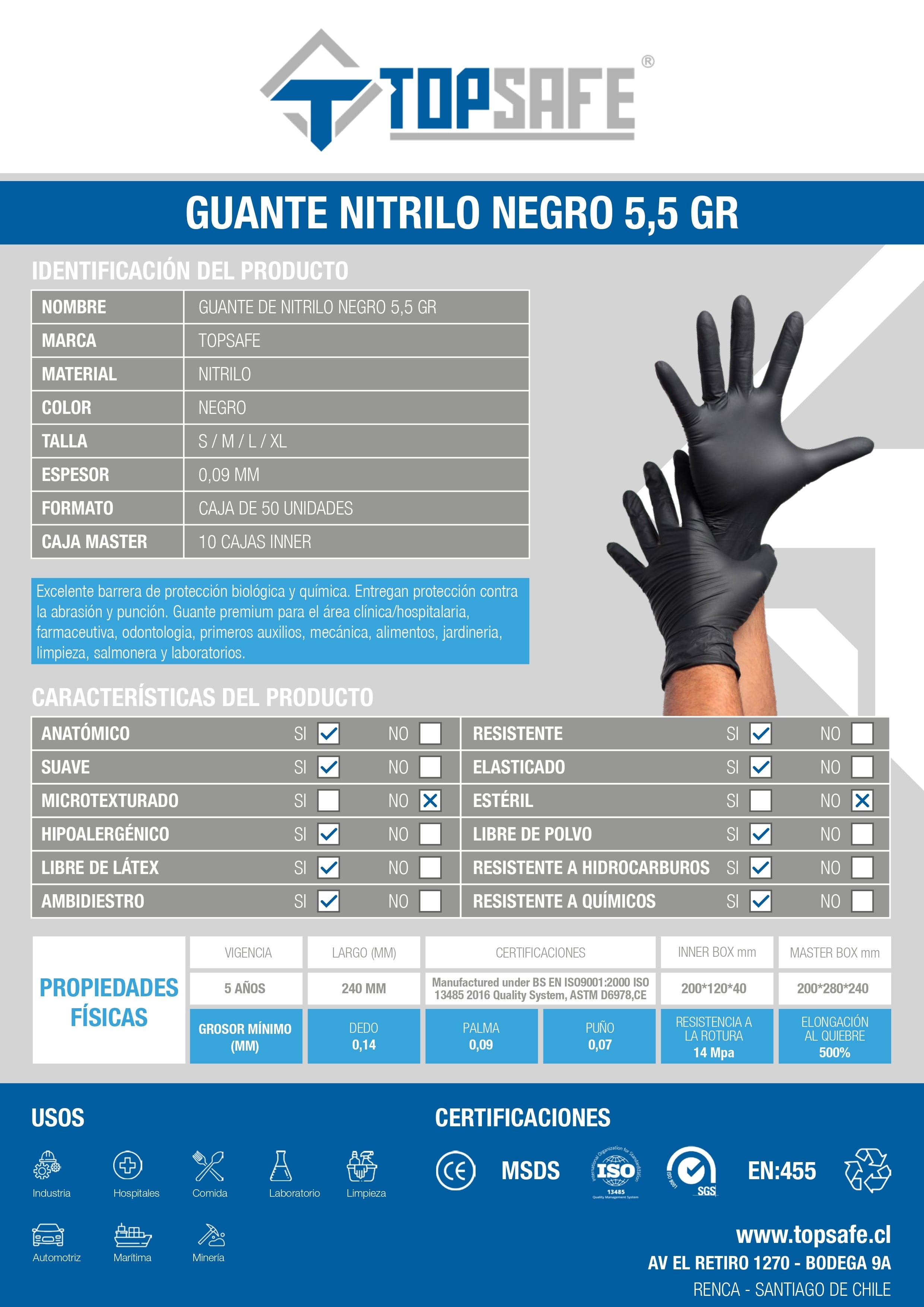 Guante de Nitrilo 5,5 gr Topsafe Negro (100u)