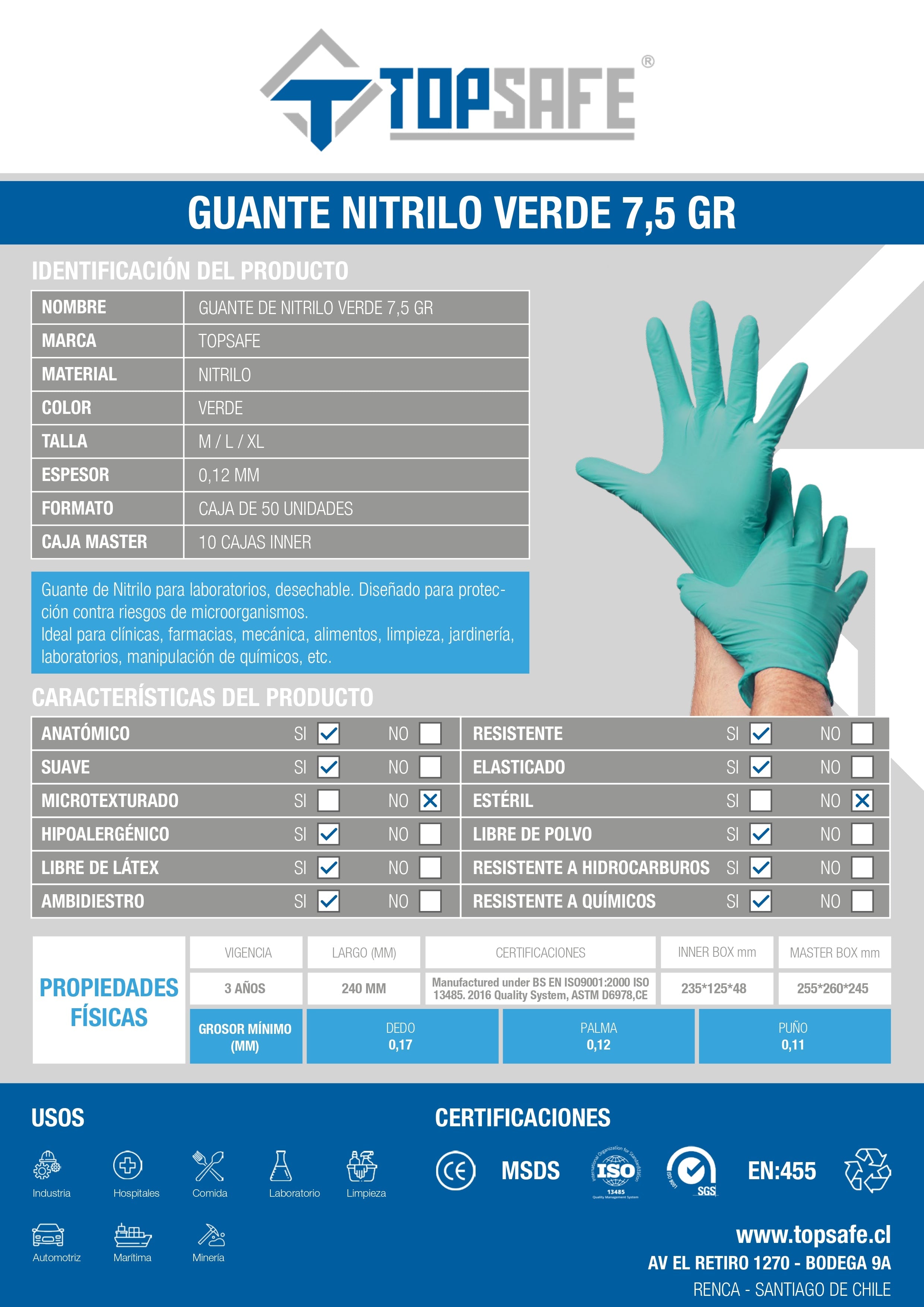 Guante Nitrilo 7,5 grs Topsafe Quimico Premiun Verde (50u)