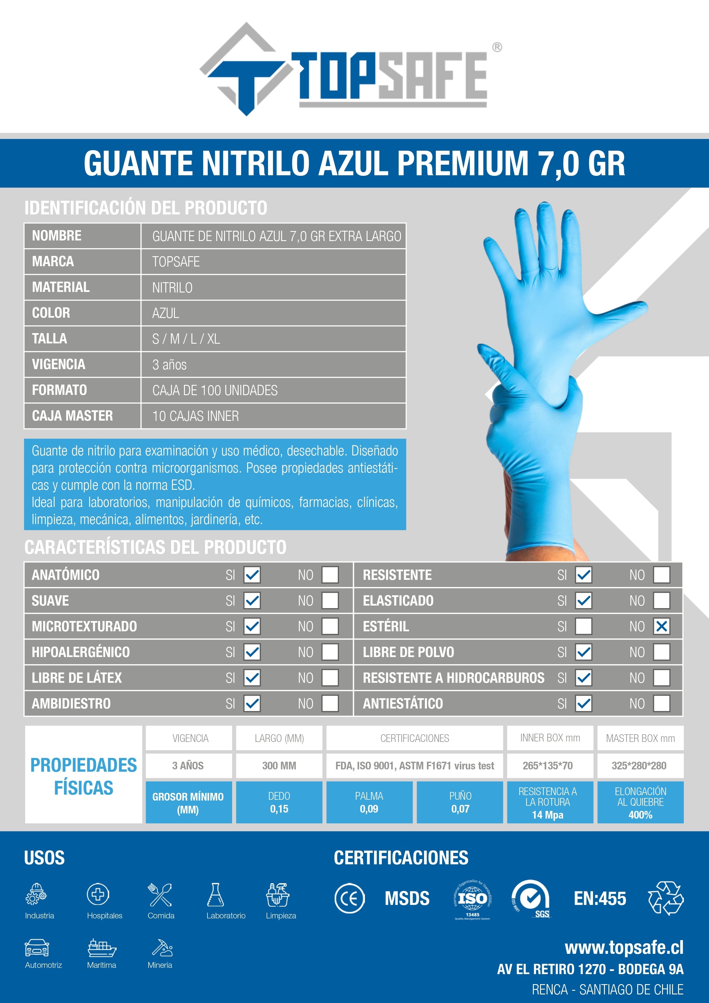 Guante Extra Largo Nitrilo 7,0 gr Topsafe Azul (100u)