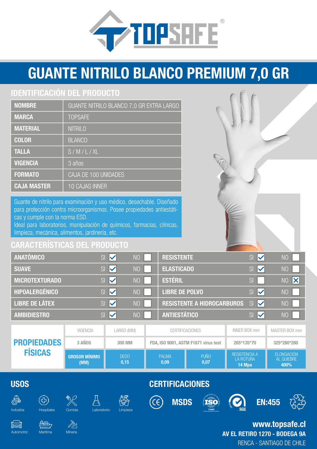 Guante De Nitrilo 7 grs Topsafe Blanco Extra Largo 30cm (50 Uds)