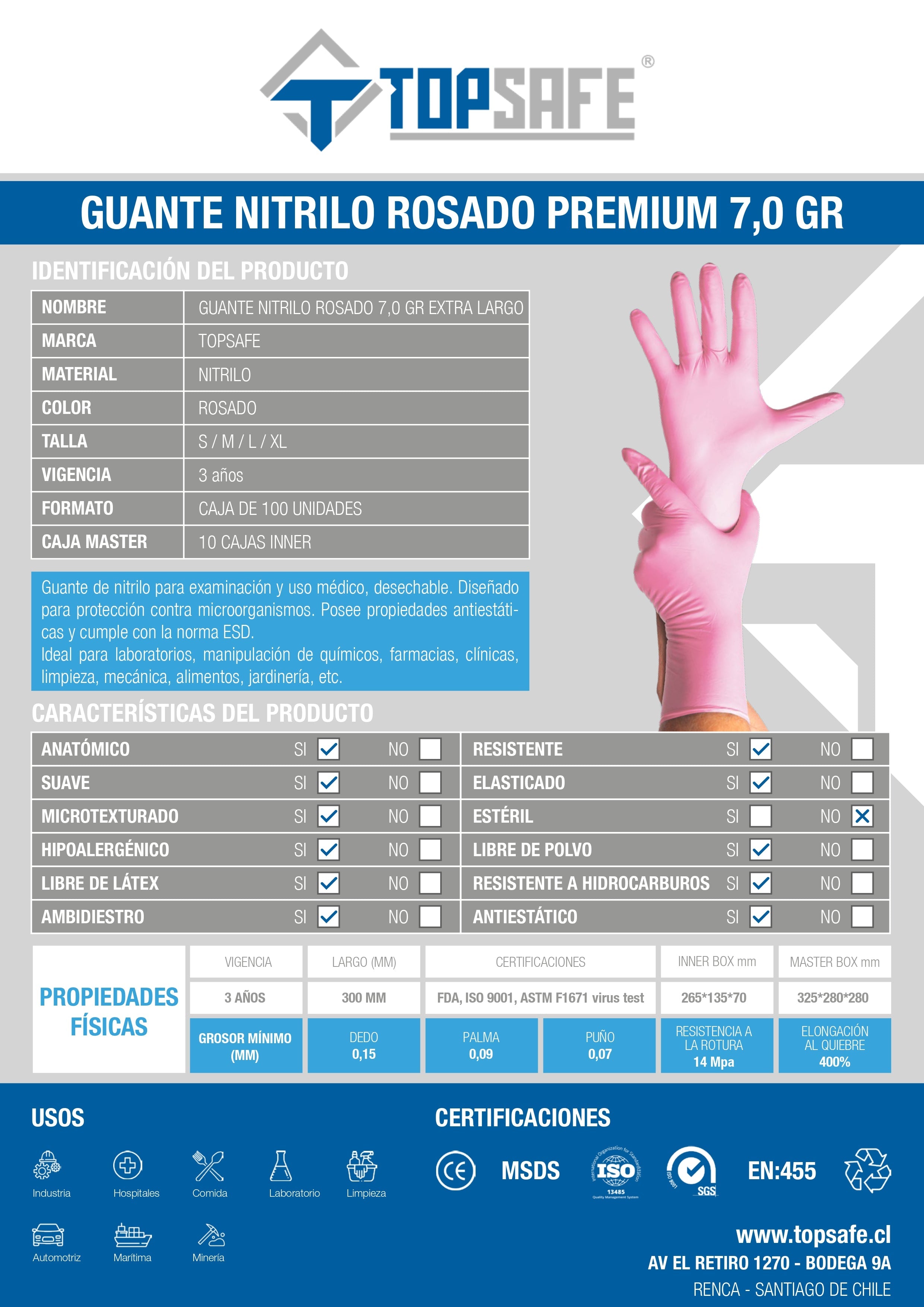 Guante De Nitrilo 7 grs Topsafe Rosado Extra Largo 30 Cms (50 Uds)
