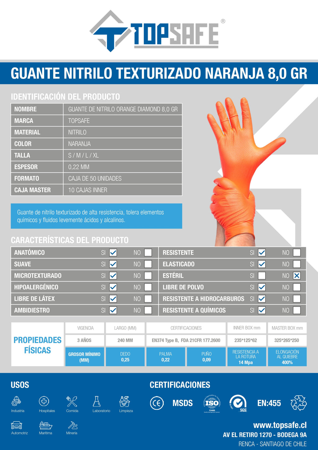 Guante De Nitrilo Texturizado Naranjo 8,0 Gr. Topsafe (50 Uds)