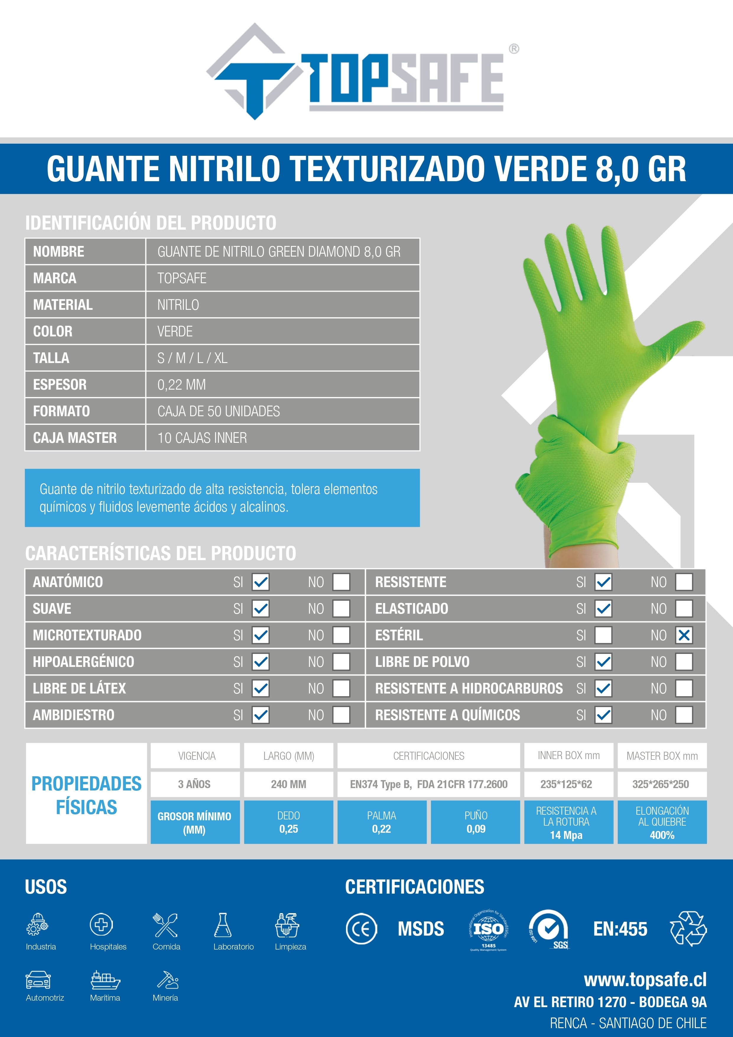 Guante De Nitrilo Texturizado Verde 8,0 Gr. Topsafe (50 Uds)