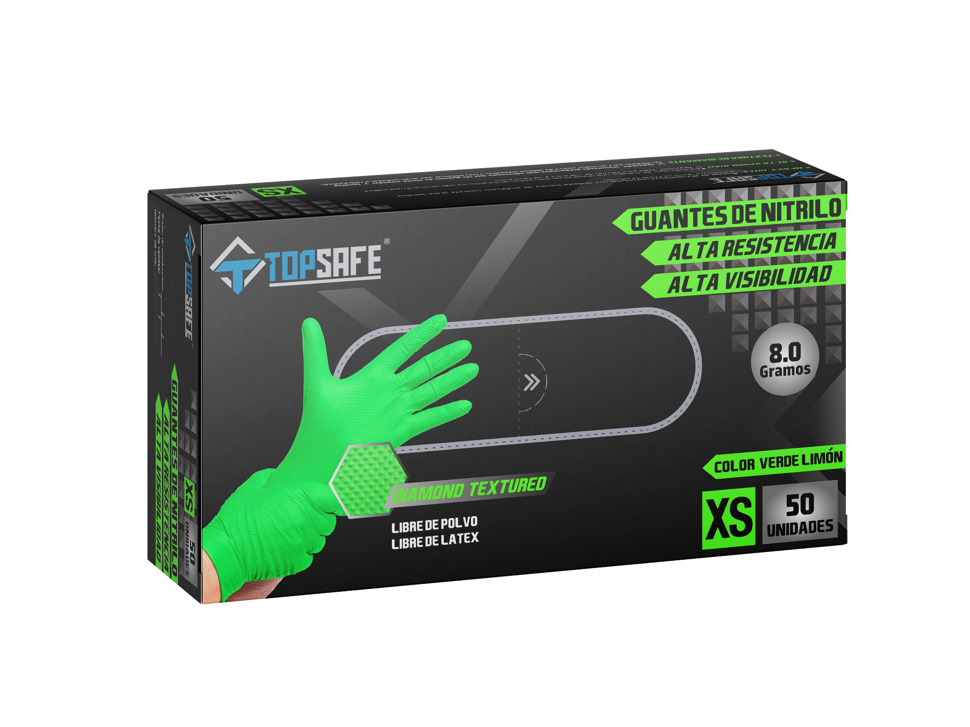 Guante De Nitrilo Texturizado Verde 8,0 Gr. Topsafe (50 Uds)