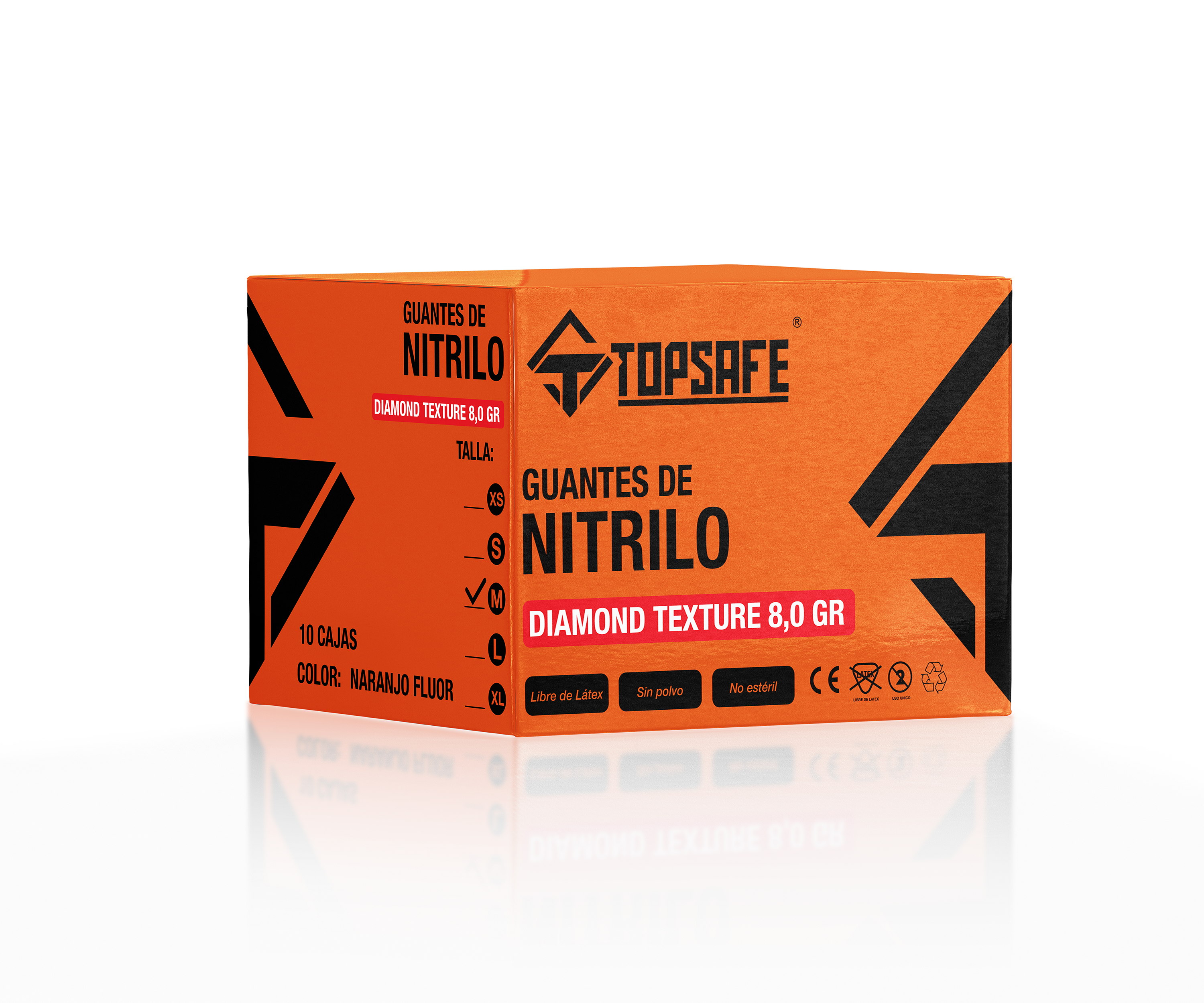 Box Guante de Nitrilo Texturizado Naranjo 8 grs Topsafe 10 x 50u